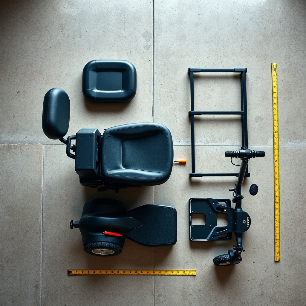 A photorealistic overhead view of a Solax Mobility Traveller fully disassembled into four