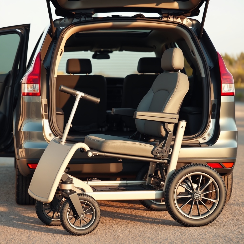 A photorealistic side-angle shot of a Solax Mobility Traveller partially disassembled on t