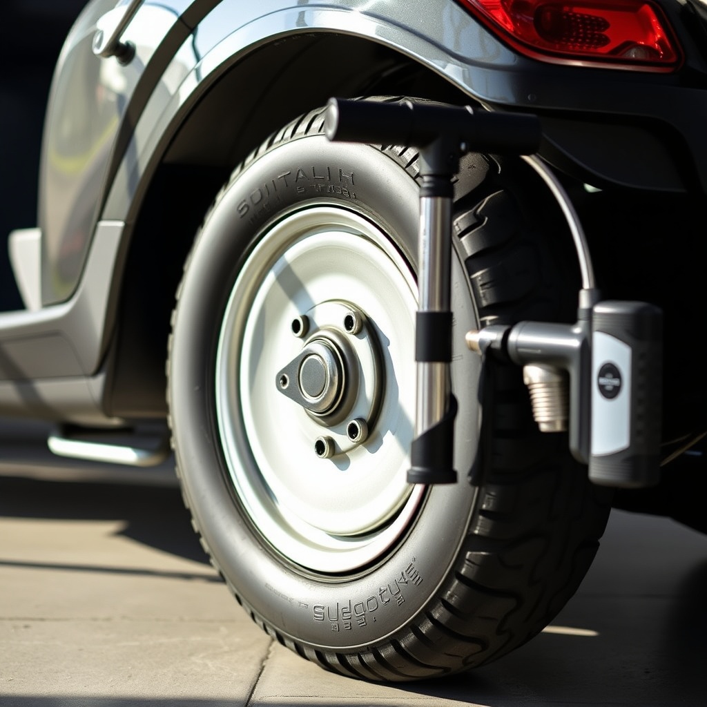 <clean photorealistic photo/illustration of a Solax Mobility Traveller's rear tire being i