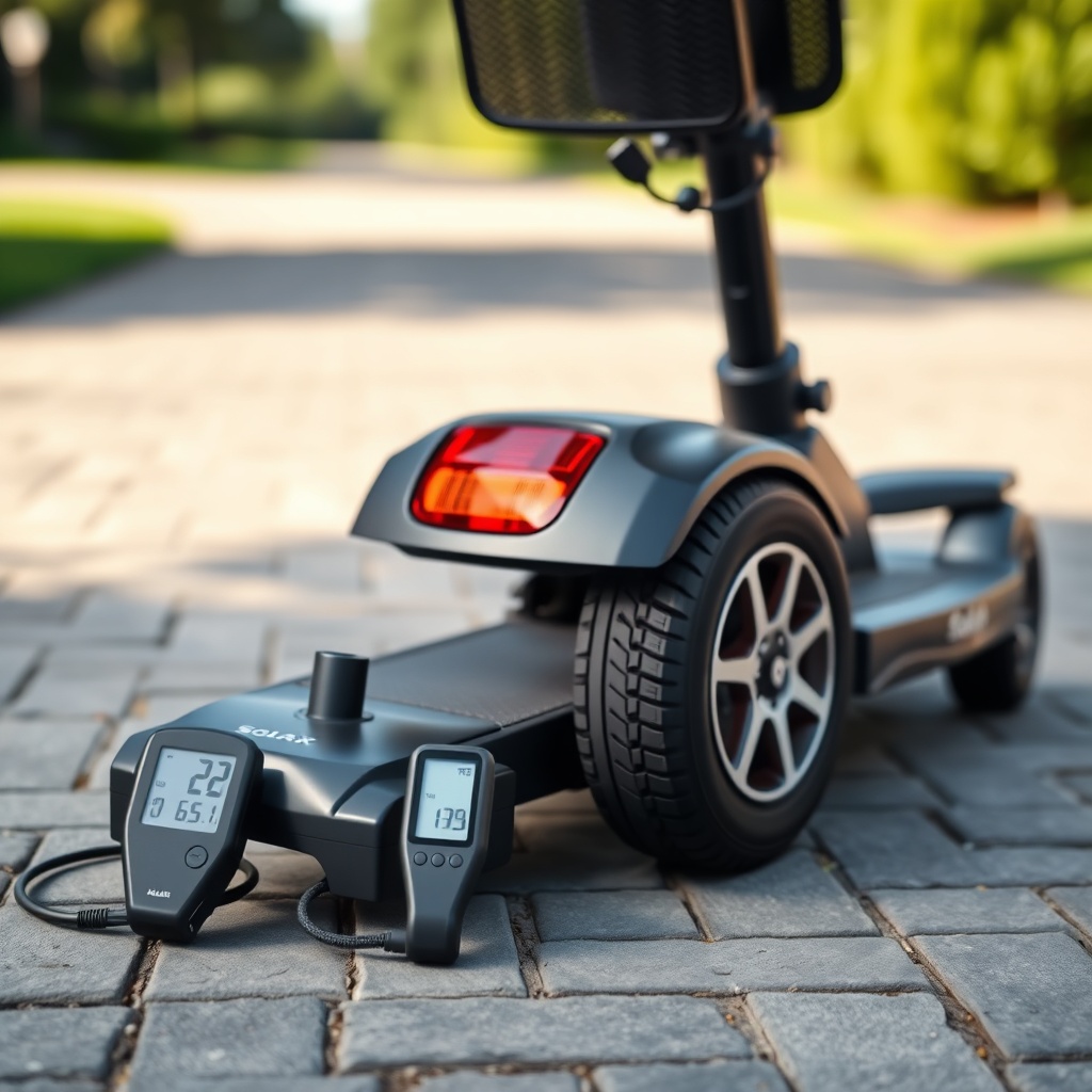 A photorealistic shot of a Solax Mobility Traveller resting on a paved driveway