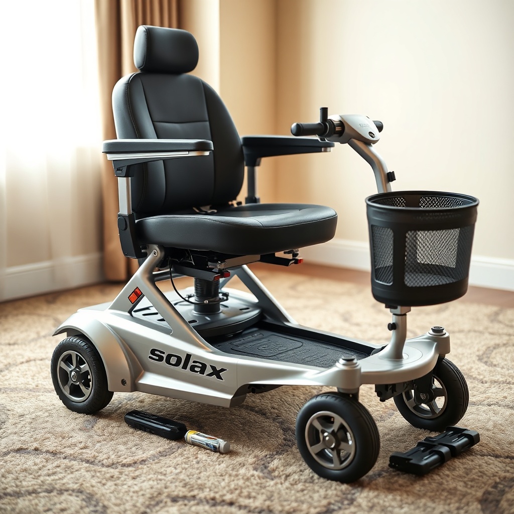 Photorealistic close-up of a silver and black Solax Mobility Traveller disassembled into f
