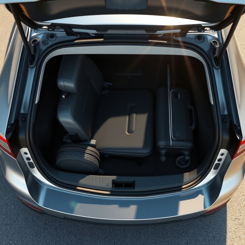 Photorealistic top-down view of a Solax Mobility Traveller packed into the trunk of a silv