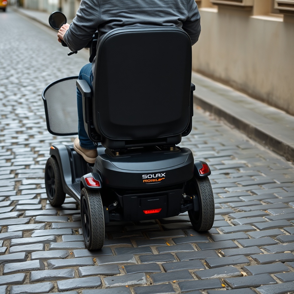 A photorealistic photo of a Solax Mobility Traveller crossing a slightly uneven cobbleston