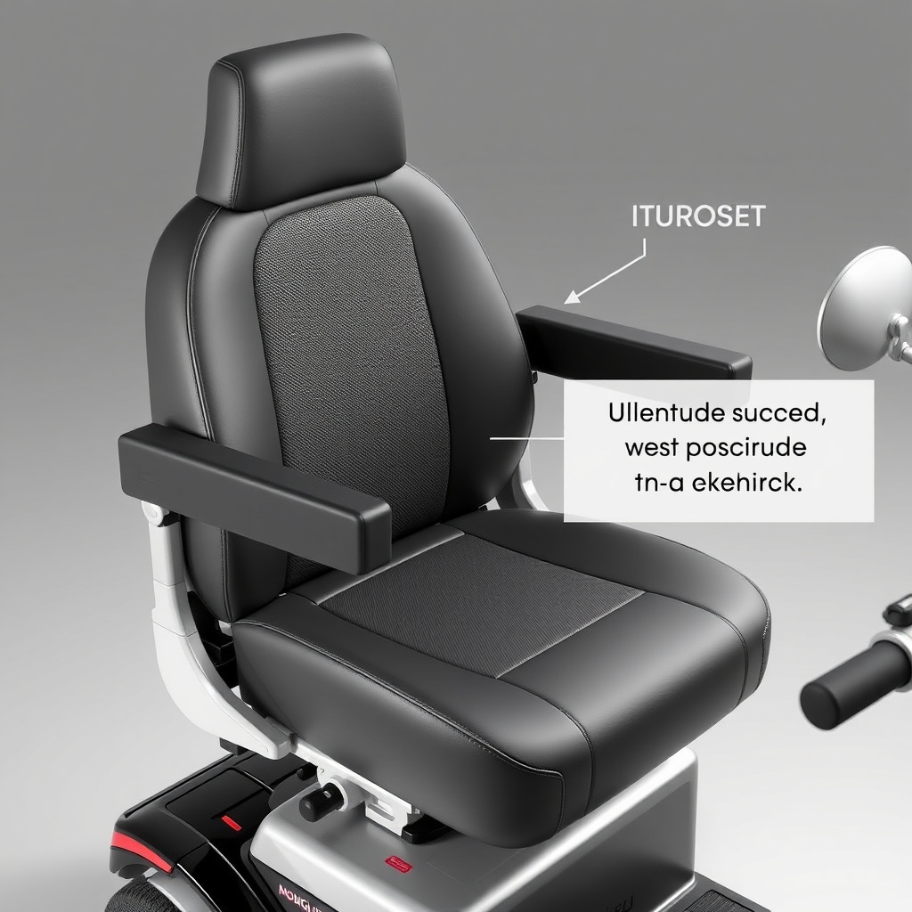 <clean photorealistic photo/illustration showing a high-back captain's seat with memory fo