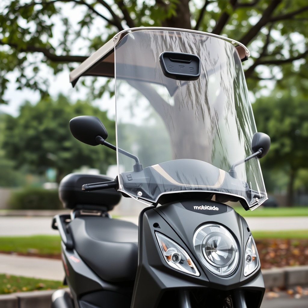 <clean photorealistic photo/illustration of a MobiGuide scooter with a clear windshield an
